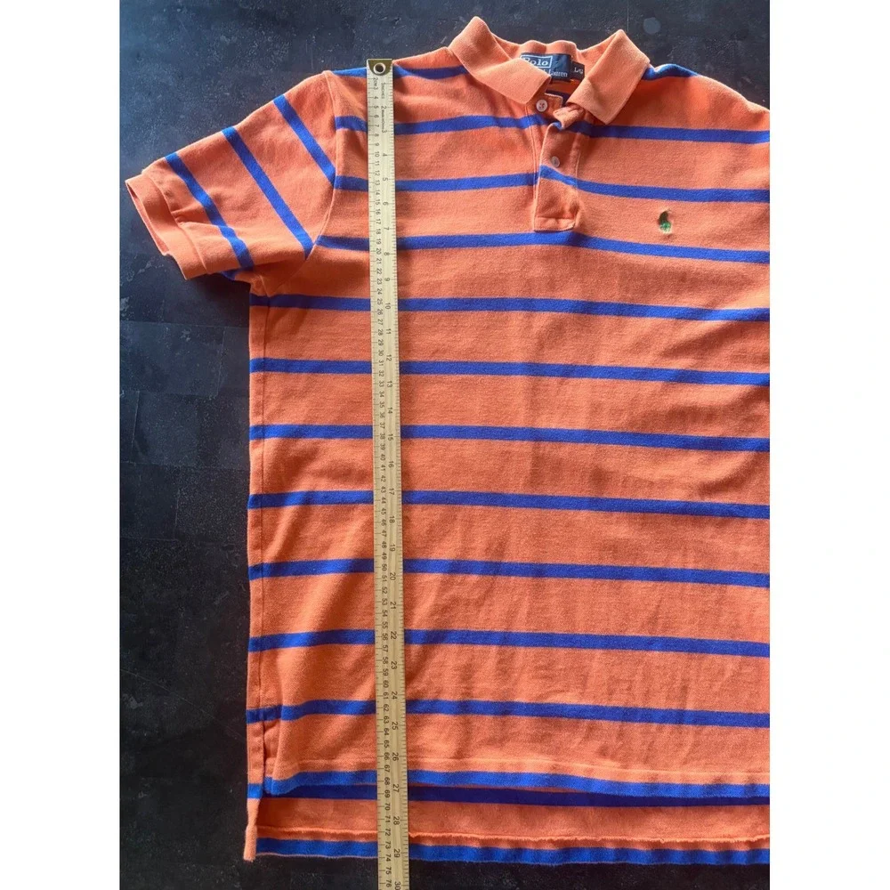 Polo Ralph Lauren Mens Large Orange Blue Striped Short Sleeve Pique Polo Shirt